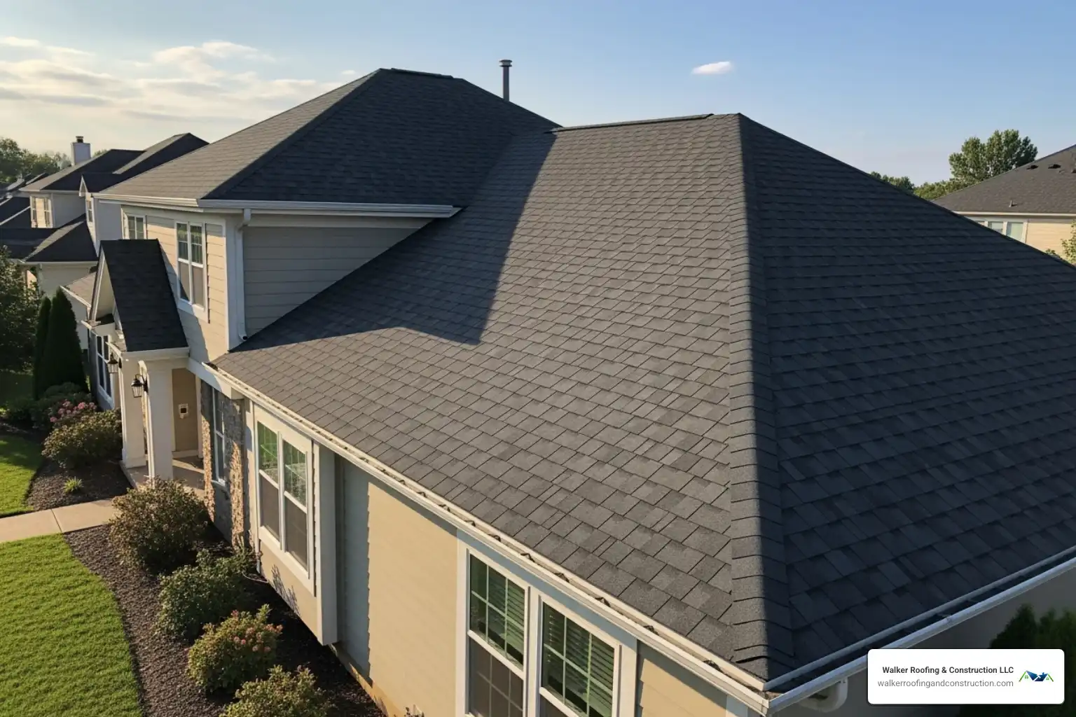 Aerial view of a large two-story home with a new dark architectural shingle hip roof
